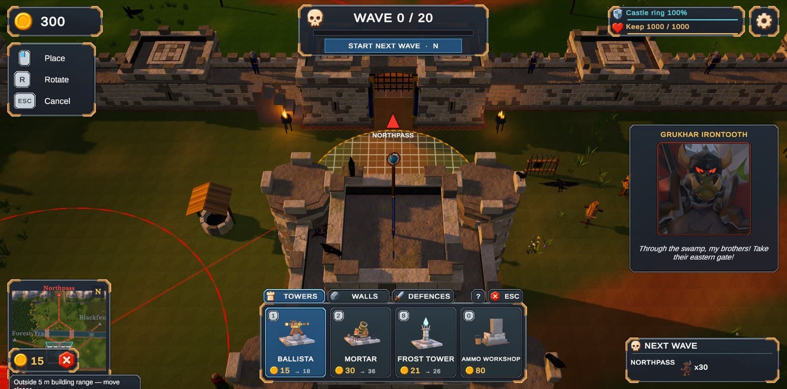Builder view of the Keep with ravens, and a live picture of Grukhar Irontooth speaking on the right