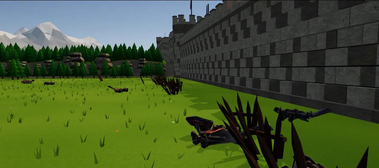 The Great Wall seen from the battlefield, fallen raiders and stakes at its foot