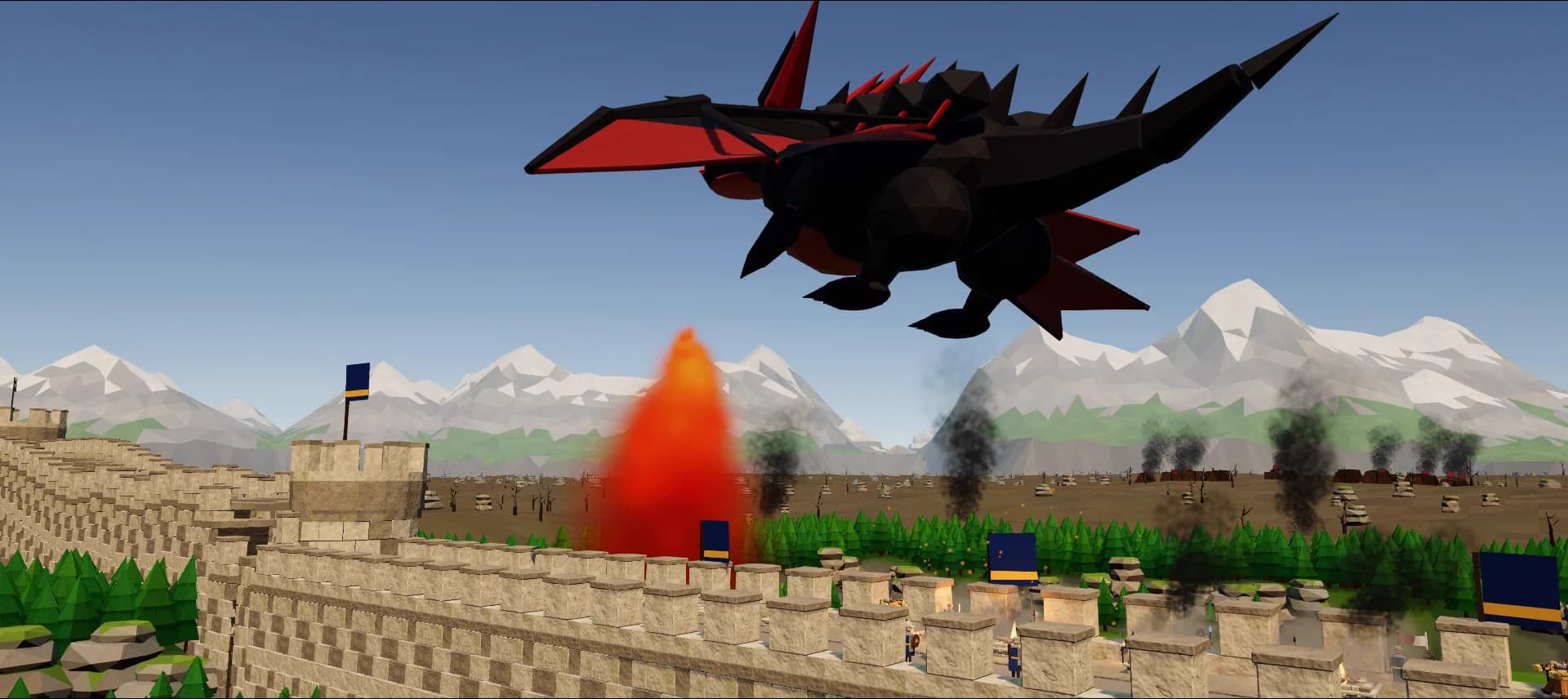 The Ashwing dragon breathing fire over the Great Wall