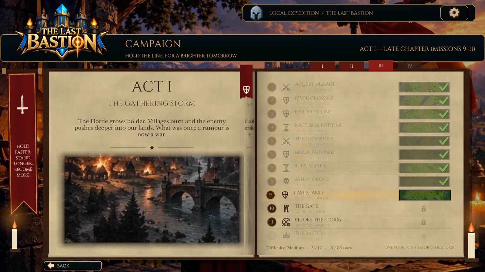 The Act I campaign book in the game: the mid chapter page with its burning village painting and the mission list