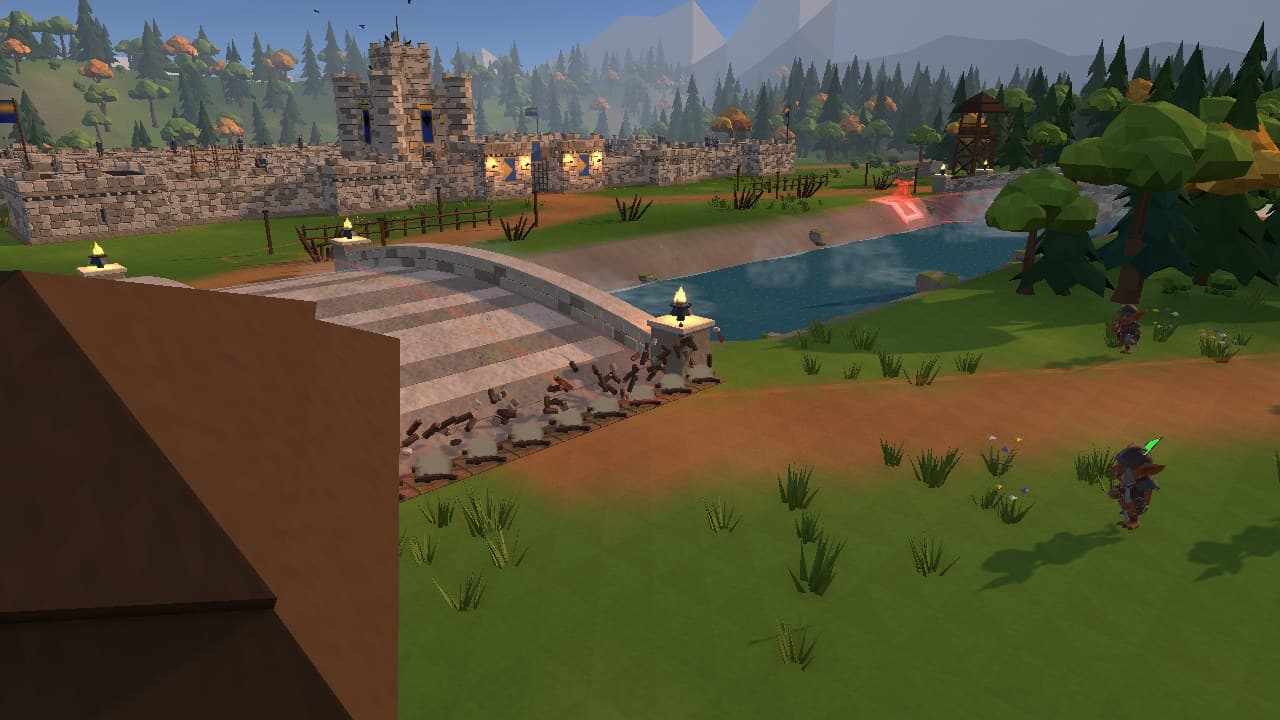The river line at the West Bridge after the horde broke through: debris of the gate on the bridge deck, the castle behind