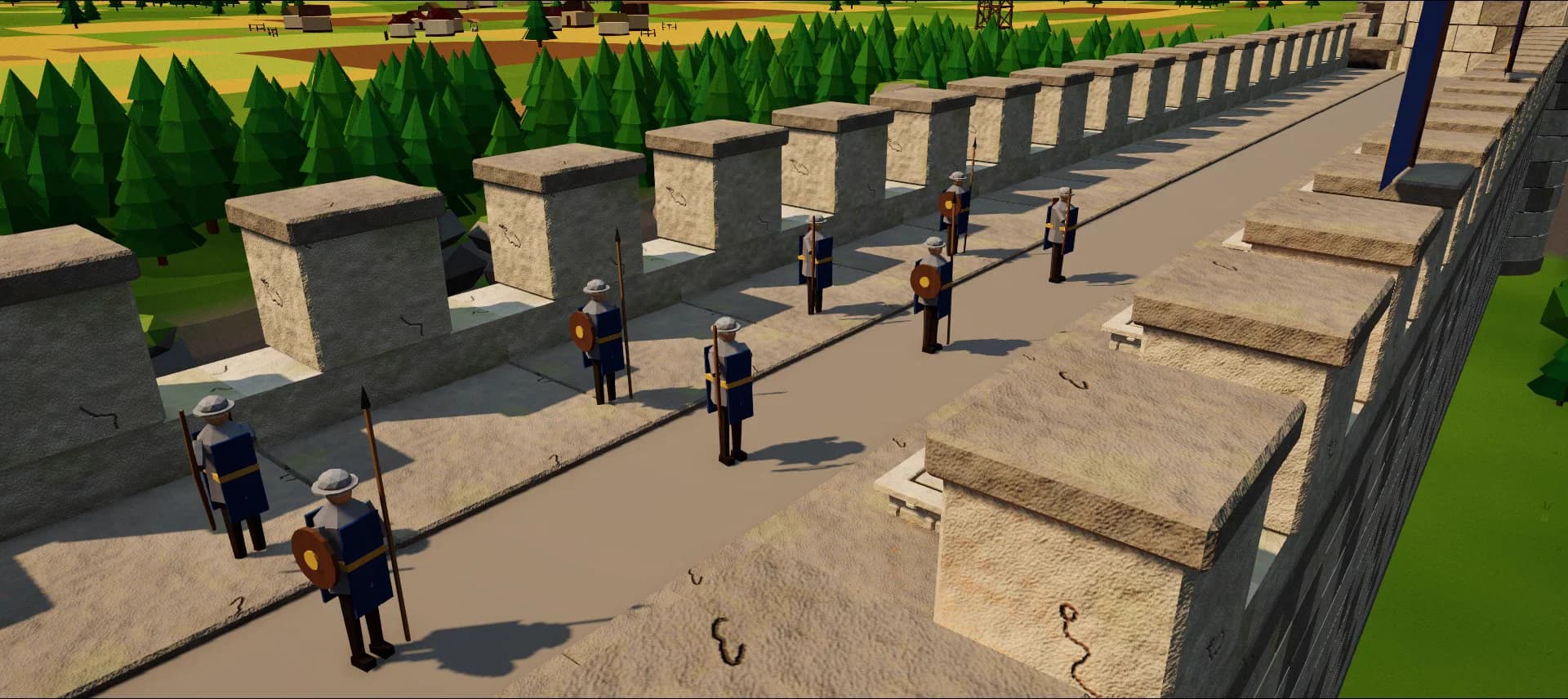 Soldiers in rank on the wide wall walk between two rows of merlons