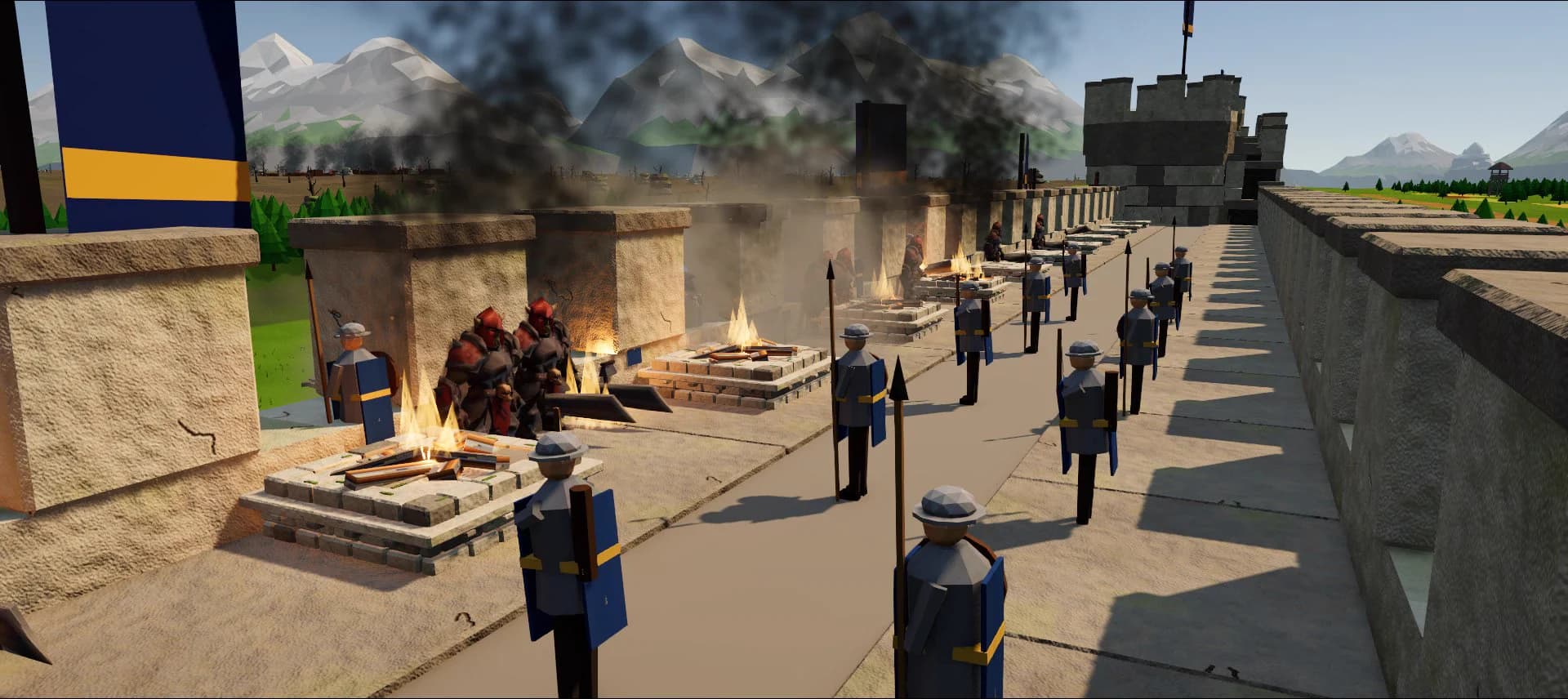 Orcs on the wall walk among burning braziers and defenders