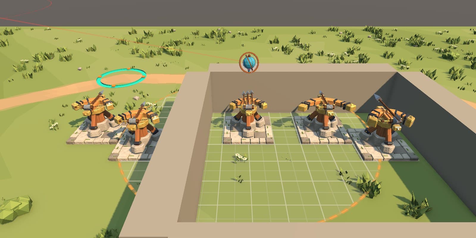 Five ballistas side by side on our test map, each with a different form