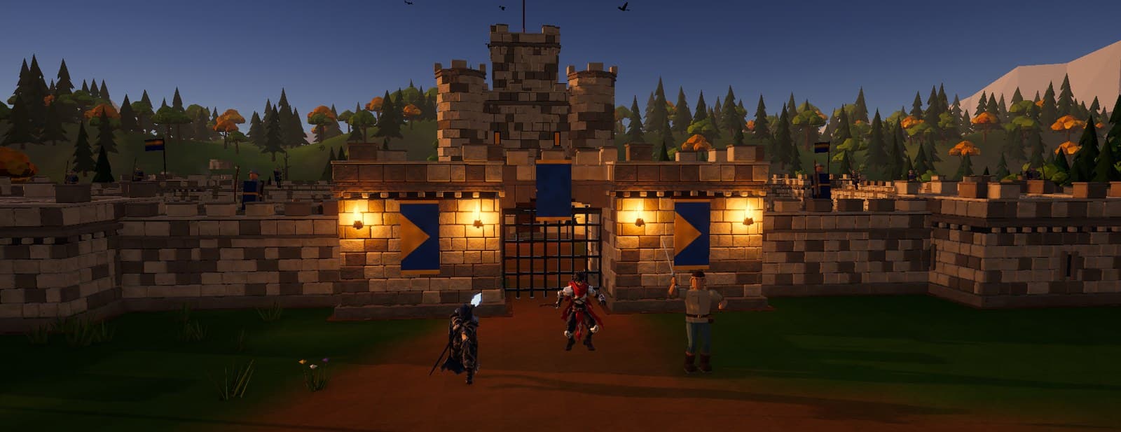 Three heroes in front of the lit Main Gate at dusk, at the end of the victory film