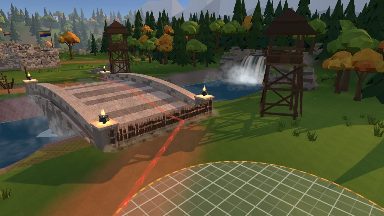 The river line at the West Bridge before the horde arrives: a wooden gate across the crossing, a watchtower and a waterfall behind it