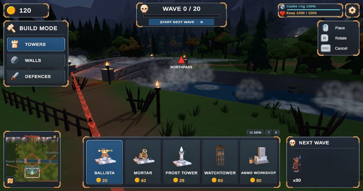 Night on the road to the bridge: torches, mist over the river and the red route line of the horde