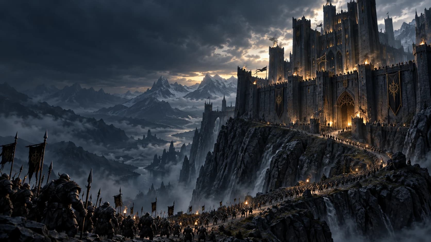 Fantasy fortress overlooking a mountain valley — concept artwork